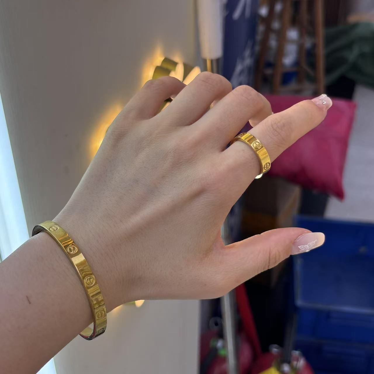 Shopno Jewellwry Bangle Finger Ring For Women Gold Color Cuff Bracelet