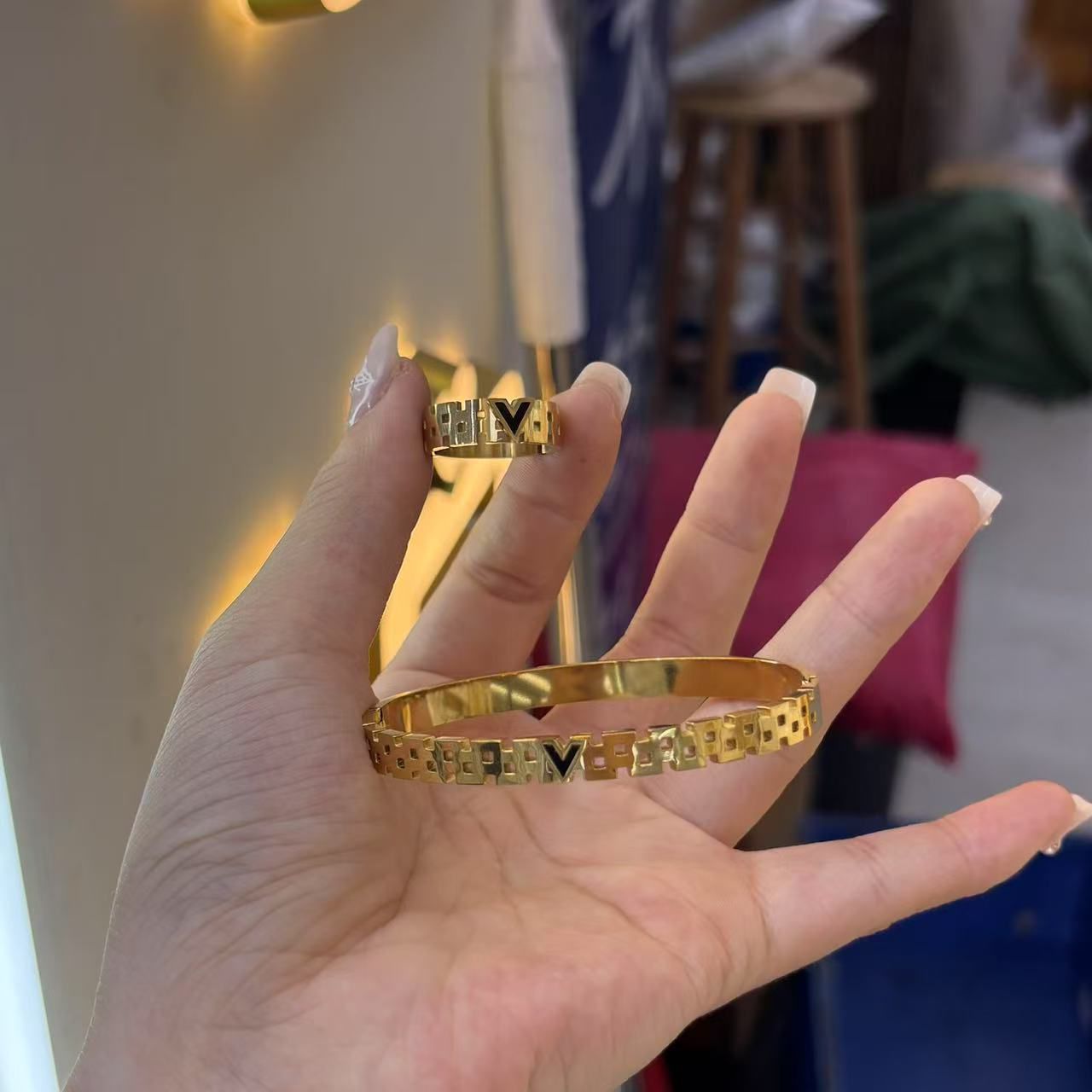 Shopno Jewellery Gold plated open band bracelet with cutwork alphabets